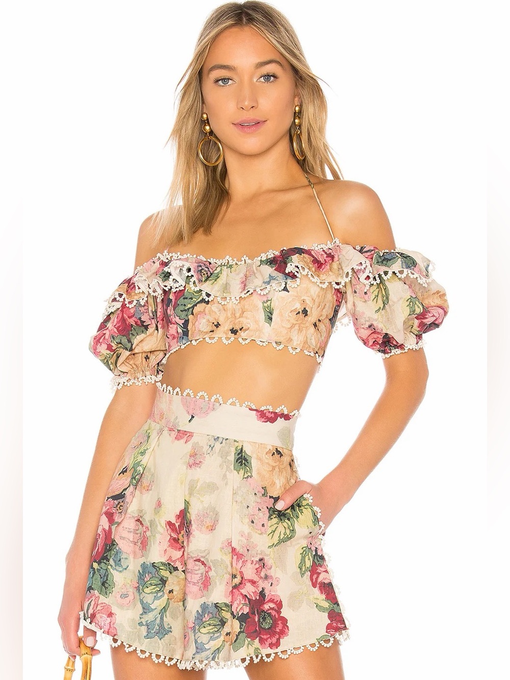 ZIMMERMANN $355 Melody Runway Off-Shoulder Linen Floral Ruffle Crop Top XS 0-2